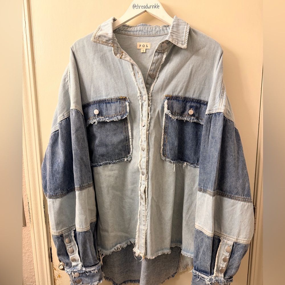 Pol Patchwork Denim Oversized Shacket Size L - image 3